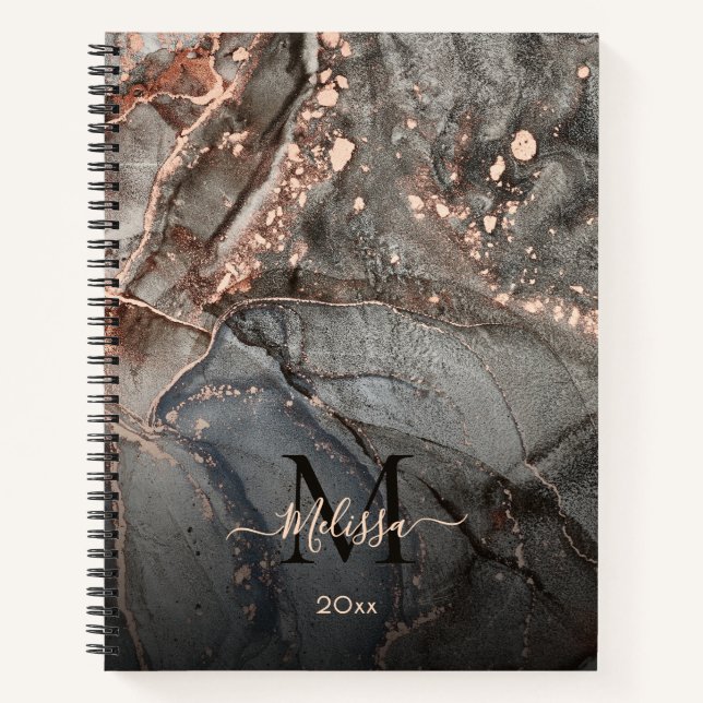 Carnet Rose Gold Gray Ink Marble Monogram  (Devant)