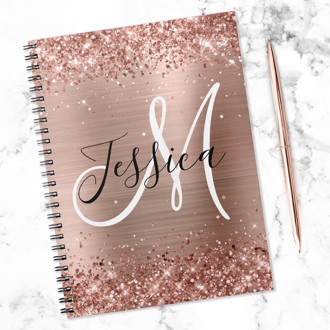 Carnet Rose Gold Pailleté Monogramme Noir et Blanc (Créateur téléchargé)