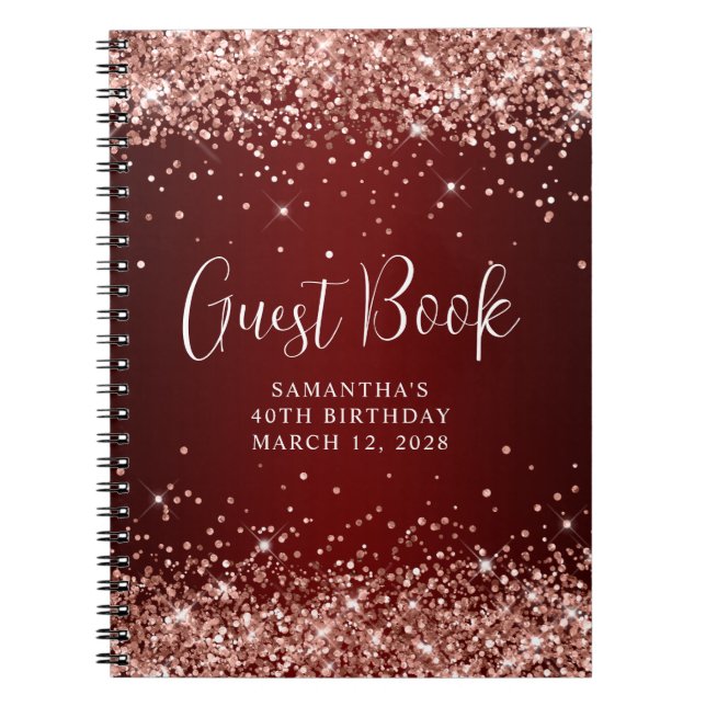 Carnet Rose Gold Parties scintillant rouge foncé 40e anni (Devant)