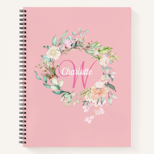 Carnet Rose Joli Rose Floral Monogramme Girl Script (Devant)