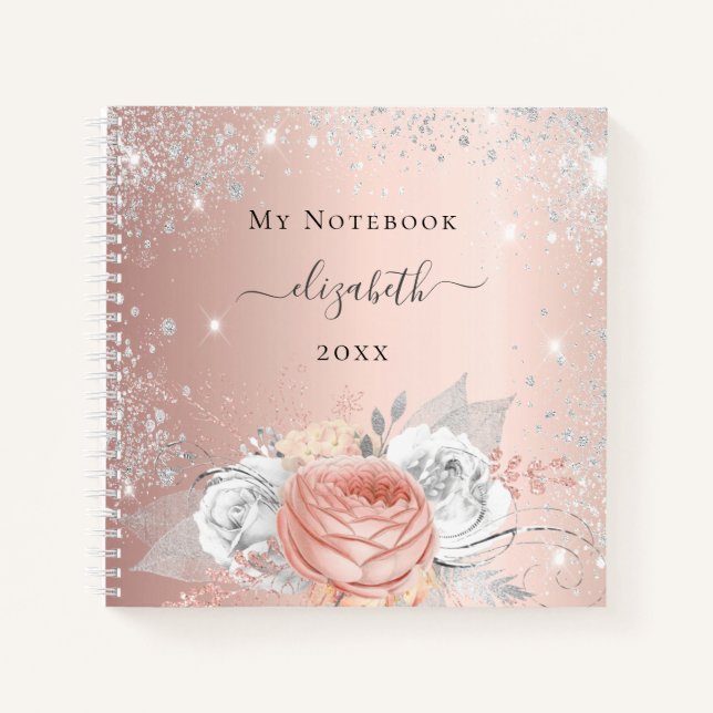 Carnet Rose or floral argent feuillage parties scintillan (Devant)