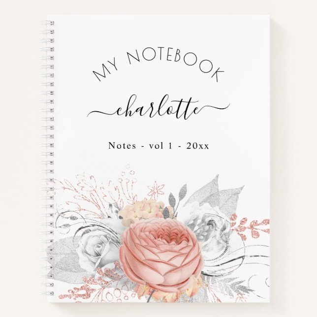 Carnet Rose or floral argent feuille nom script (Devant)