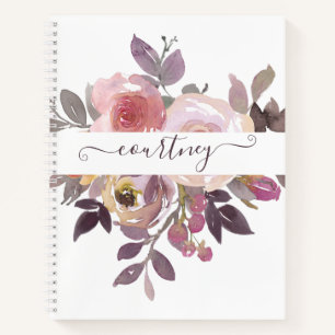 Carnet Rose pastel et floral personnalisé violet
