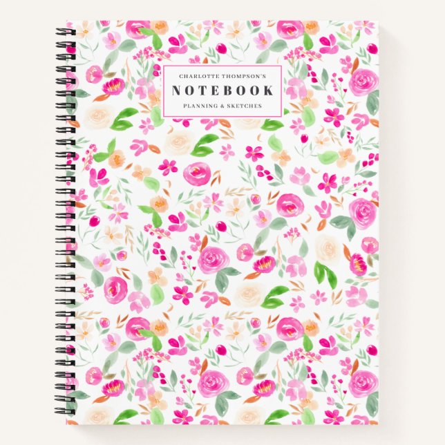 Carnet Rose rose chic brun floral nom de l'aquarelle (Devant)