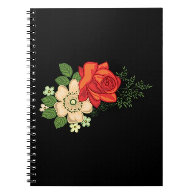 Carnet Rose rouge et marguerites Arrière - plan noir (Devant)