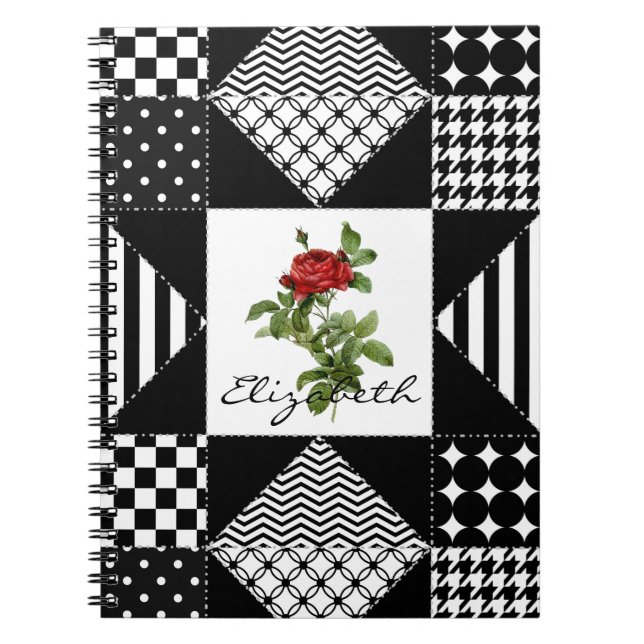 Carnet Rose rouge géométrique noire et blanche avec nom (Devant)