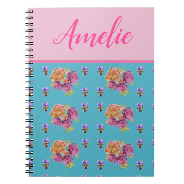 Carnet Rose rouge Shabby Chic Aqua Turquoise Floral Flowe (Devant)