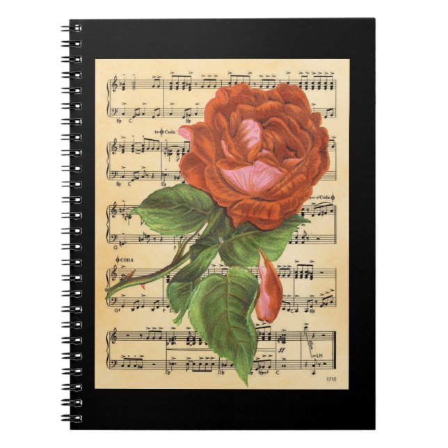 Carnet Rose rouge vintage et musique (Devant)