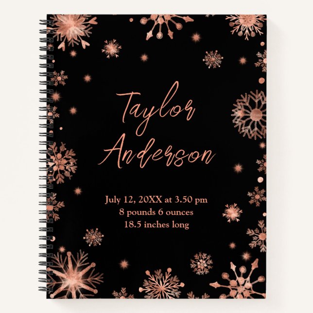 Carnet Rose Snowflakes Gold sur Black Birth Stats (Devant)