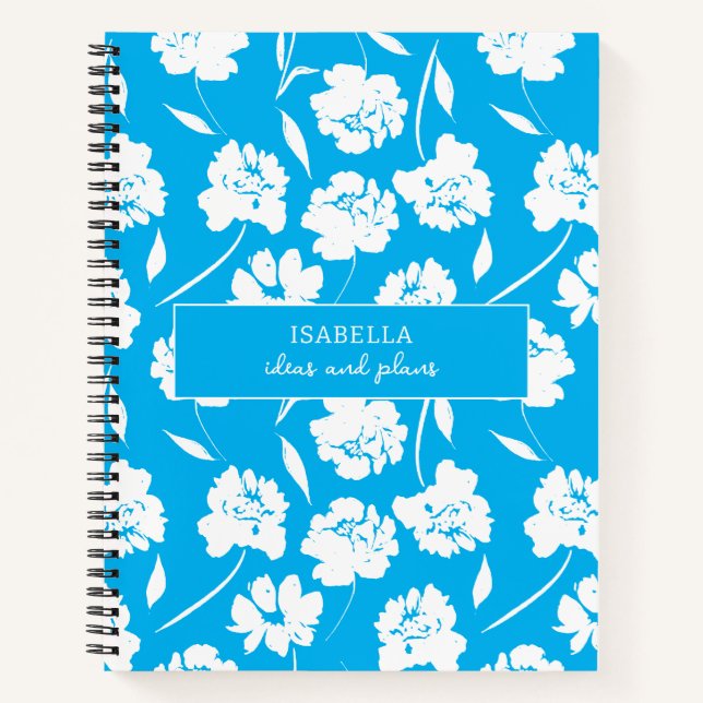 Carnet Roses blanches modernes sur Motif bleu Personnalis (Devant)