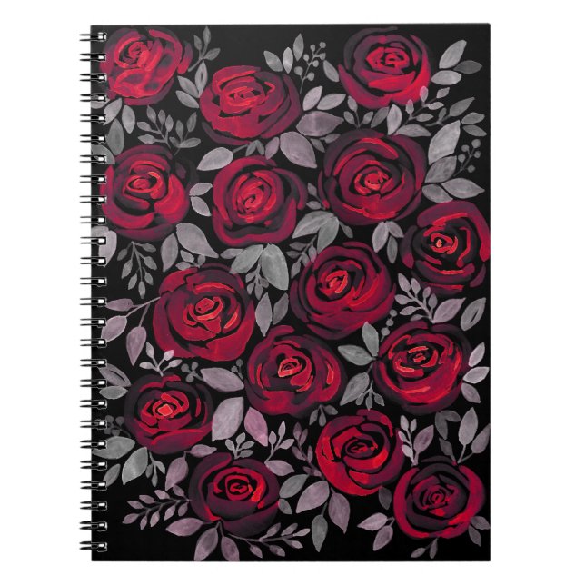 Carnet Roses d'aquarelle, roses rouges sur noir (Devant)