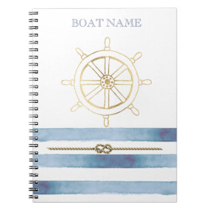 Carnet Roue de bateau en or nautique, rayures à l'aquarel