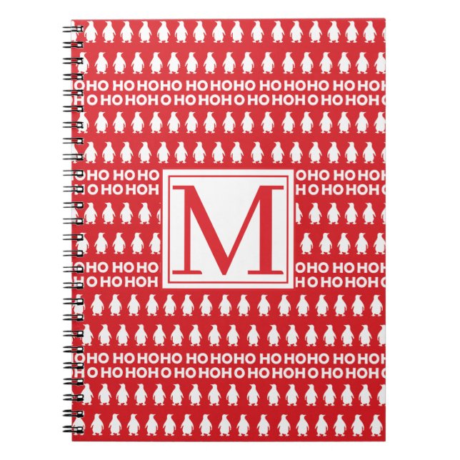 Carnet Rouge Blanc Penguins de Noël HOHOHOHO Monogramme (Devant)