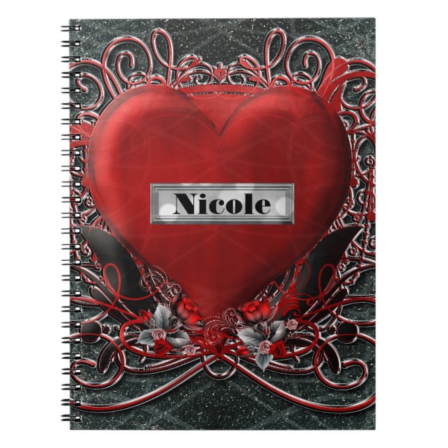 Carnet Rouge Coeur & Rose Gothique Glam Personnalisé (Devant)