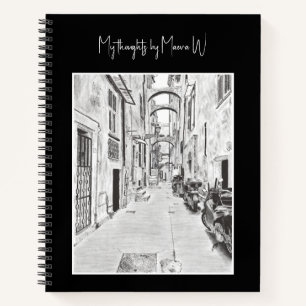 Carnet Rue italienne étroite - dessin au crayon noir et b