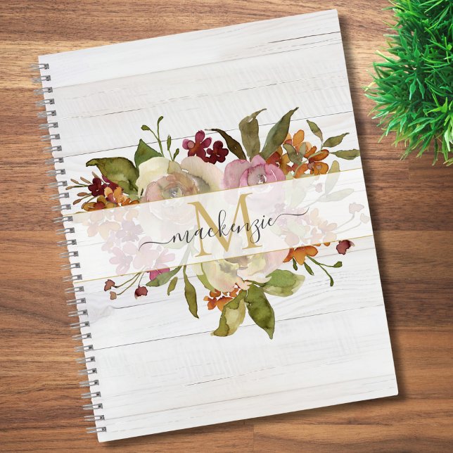 Carnet Rustic Watercolor Rose Bouquet Monogram (Créateur téléchargé)