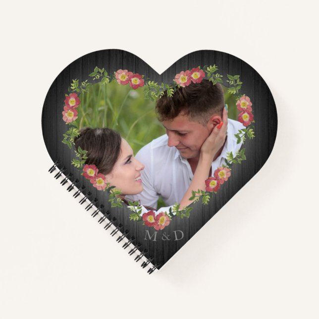 Carnet Rustique Bois Floral Coeur Photo & Initiales (Devant)