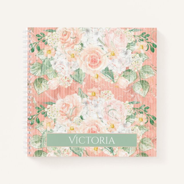 Carnet Rustique Floral Pêche Vert Personnalisé (Devant)