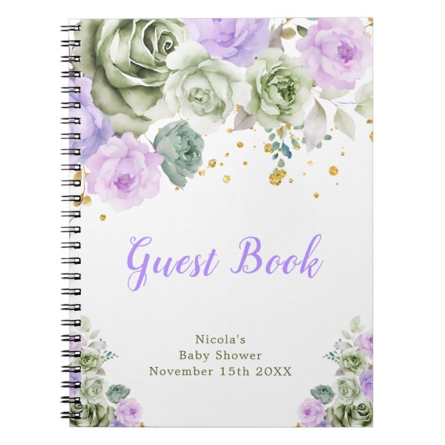 Carnet Sage Green and Purple Floral Baby Shower Guest  (Devant)