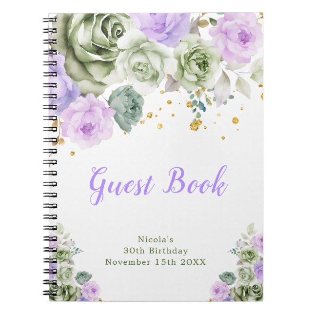 Carnet Sage Green and Purple Floral Birthday Guest Book (Devant)
