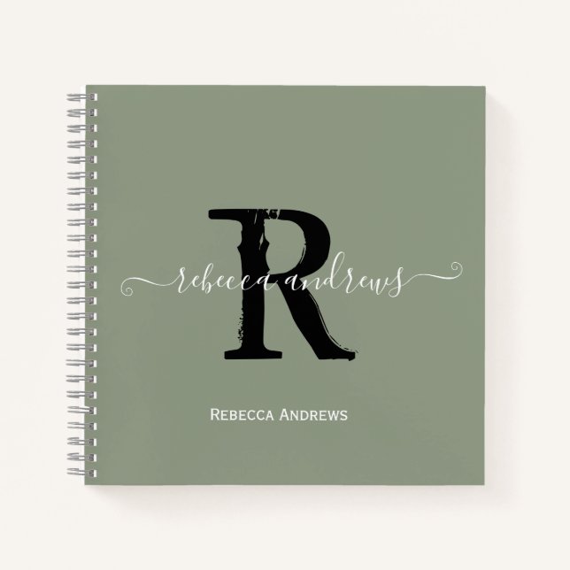 Carnet Sage Green Elegant Monogramme Nom du script Initia (Devant)