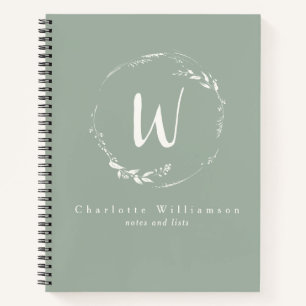 Carnet Sage Green Floral Wreath Monogramme personnalisé