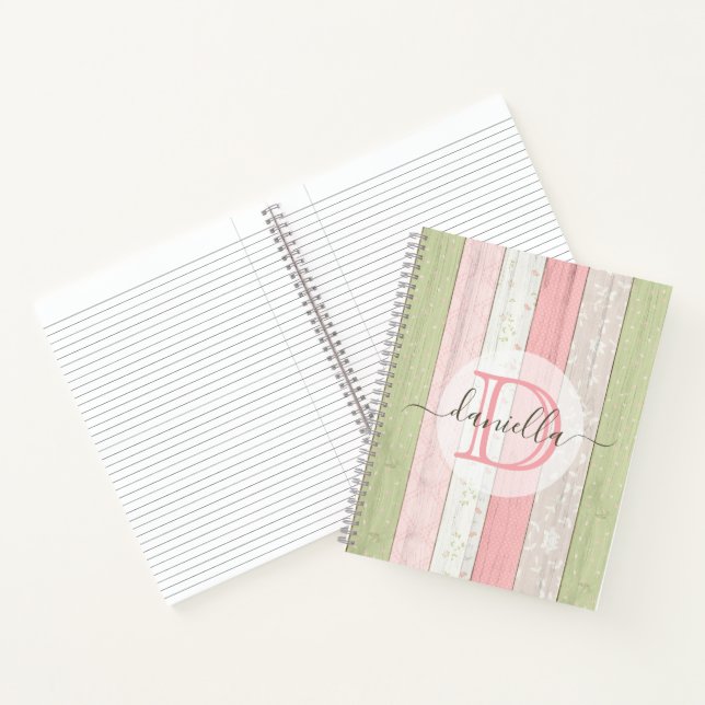 Carnet Sage rustique Vert & Rose Floral Bois Personnalisé (Intérieur)