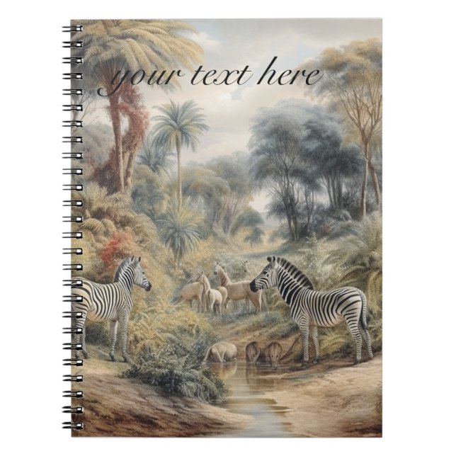 Carnet Scène botanique de zèbres et lions personnalisable (Devant)