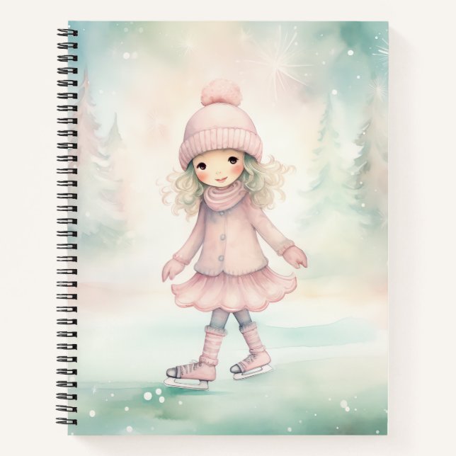 Carnet Scène d'hiver fille patinant Menthe et Rose  (Devant)