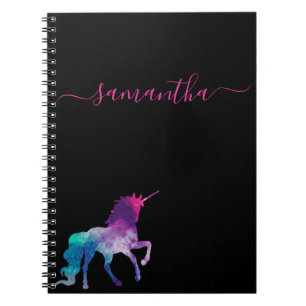 Carnet Script de nom noir violet rose unicorne