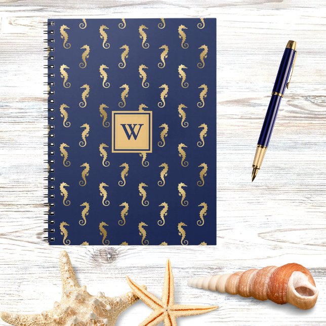 Carnet Seahorses in Elegant Navy n Gold Monogram Initial (Créateur téléchargé)