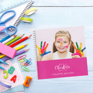 Carnet Sketbook photo rose chaud monogramme fille