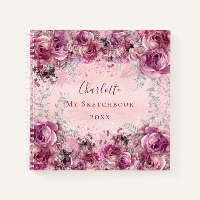 Carnet Sketbook rose argent fleurs nom (Devant)