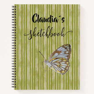 Carnet Sketchbook butterfly on green stripes add name