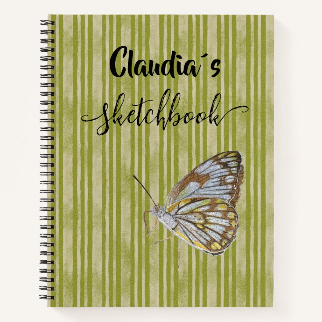 Carnet Sketchbook butterfly on green stripes add name (Devant)
