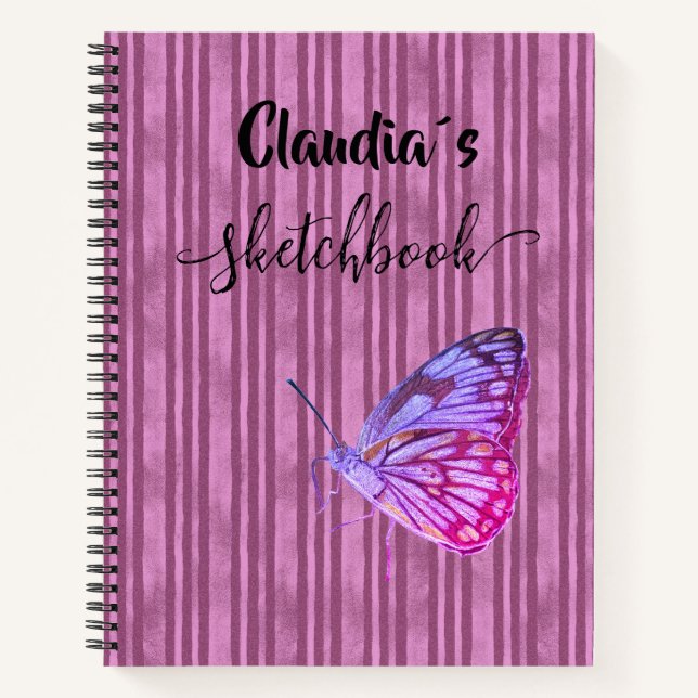 Carnet Sketchbook butterfly on pink stripes add name (Devant)
