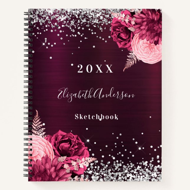 Carnet Sketchbook flor d'argent bordeaux (Devant)