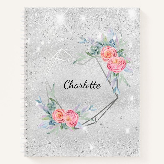 Carnet Sketchbook floraux rose argent nom de la parties s (Devant)