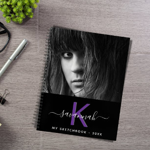 Carnet Sketchbook photo personnalisée noir violet monogra