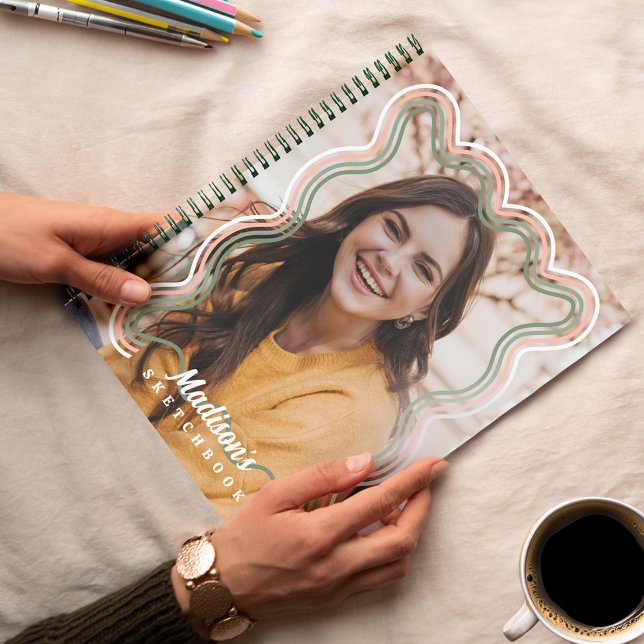 Carnet Sketchbook Photo personnalisée Retro Wavy Rainbow  (Sketchbook Custom Photo Retro Wavy Rainbow Border Notebook)