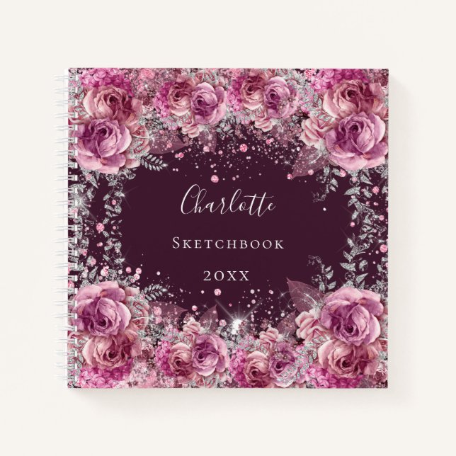 Carnet Sketchbook rose bordeaux fleurs parties scintillan (Devant)