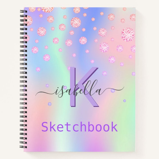 Carnet Sketchbook rose pourpre diamants iridescend nom (Devant)
