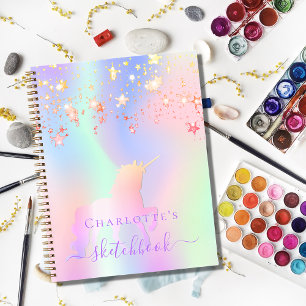 Carnet Sketchbook unicorne rose pourpre iridescente nom