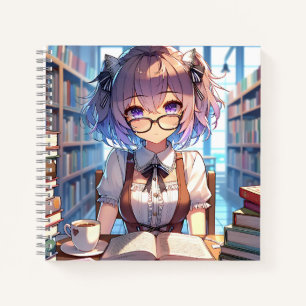 Carnet Smart Anime Girl in Library Reading Books