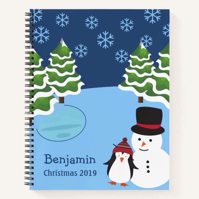 Carnet Snowflakes de Noël avec pingouin et nom (Devant)