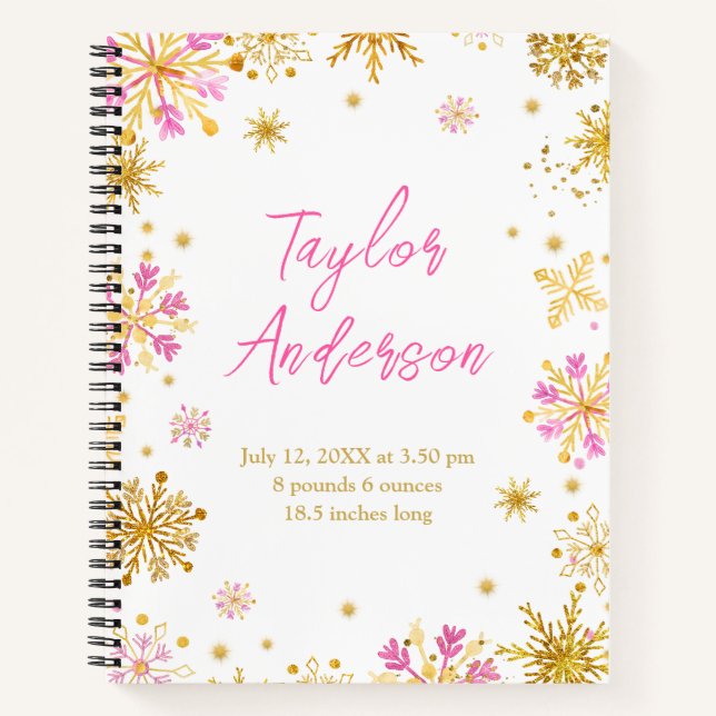 Carnet Snowflakes rose et or Statistiques de naissance (Devant)