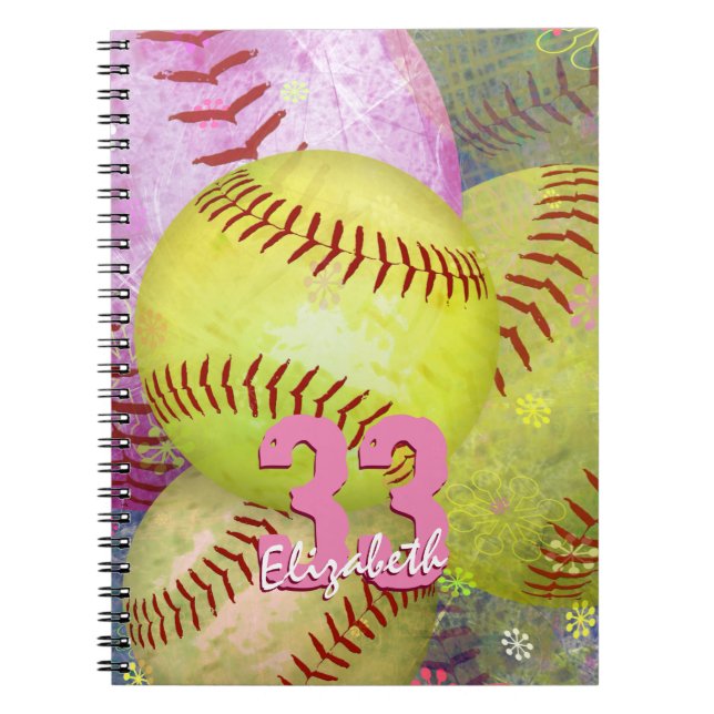 Carnet Softball des filles rose brillant jaune personnali (Devant)