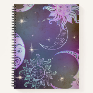 Carnet Soleil dessiné à la main stylisé face étoiles viol