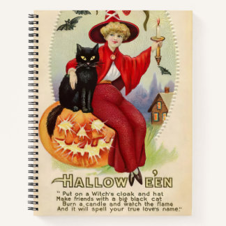 Carnet Sorcière d'Halloween vintage et chat noir