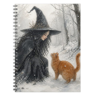 Carnet Sorcière fantastique et chat roux dans la forêt hi